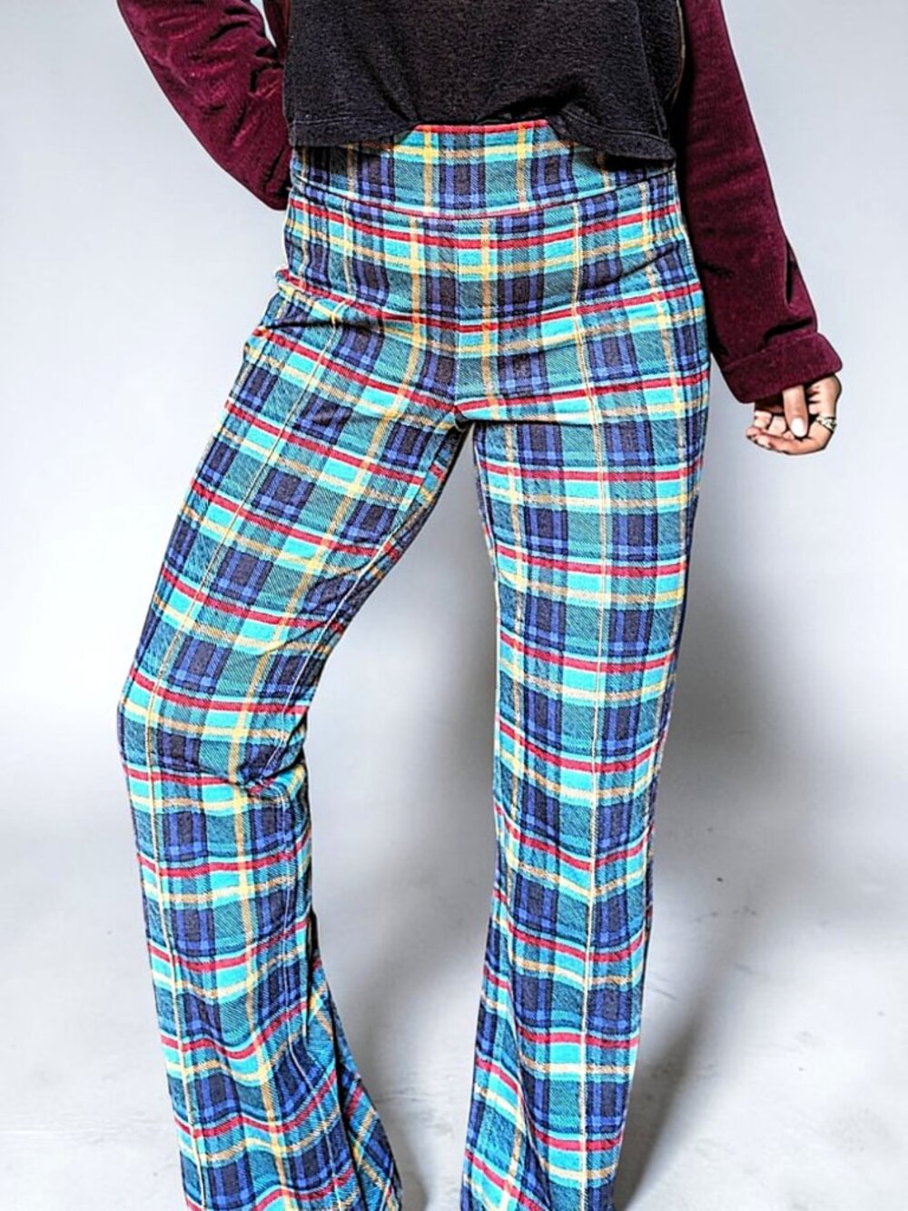 J. McLaughlin Rylie high rise flare multicolor plaid punk grunge preppy pants M